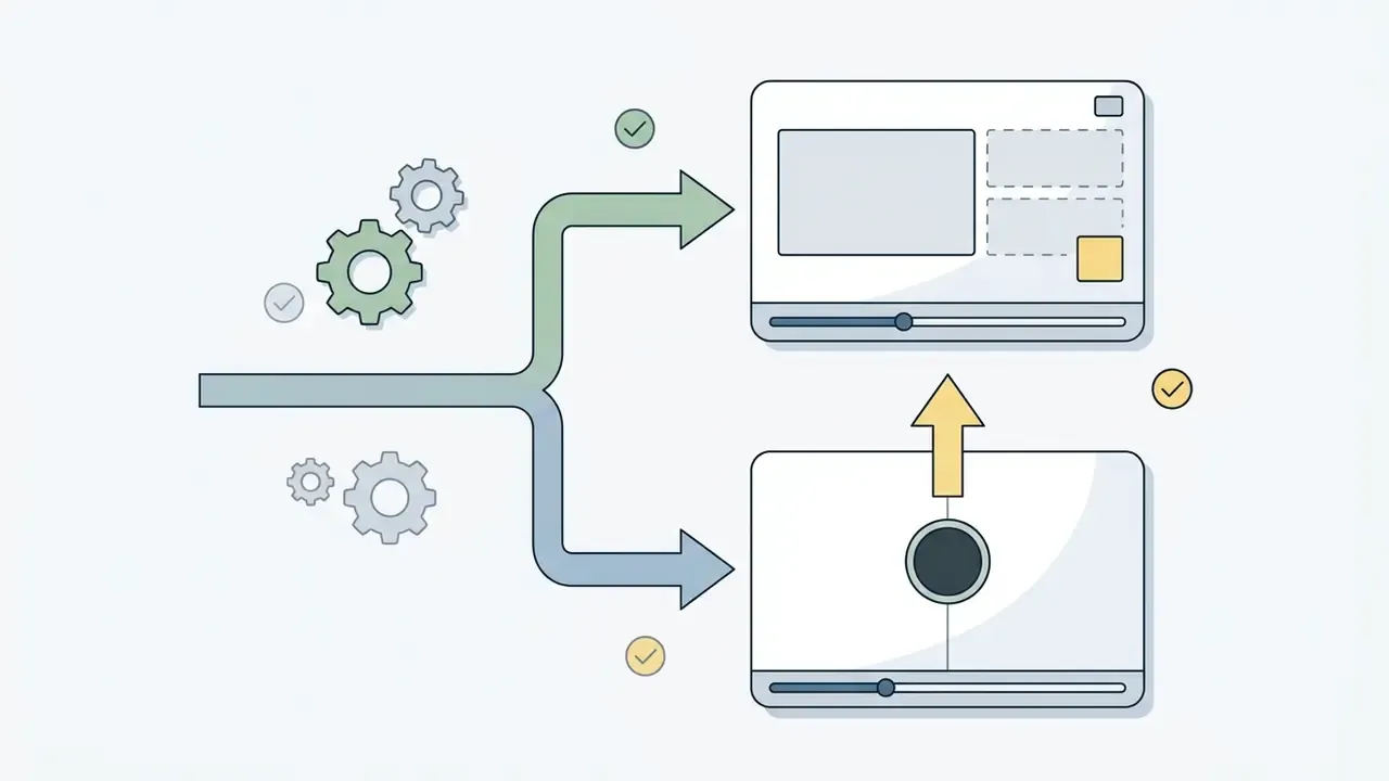 Flowchart showing a process splitting into two video layouts with gears and checkmark icons