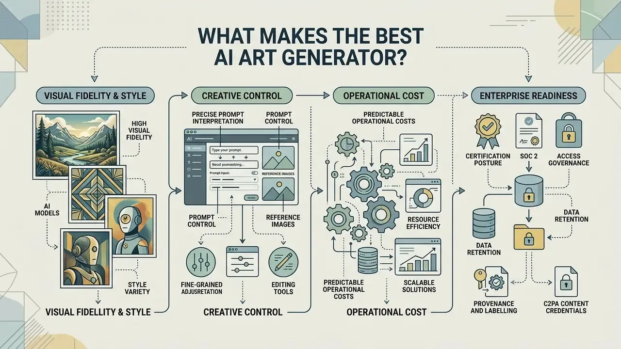 Diagram showing visual fidelity, creative control, operational costs, and enterprise readiness for AI art
