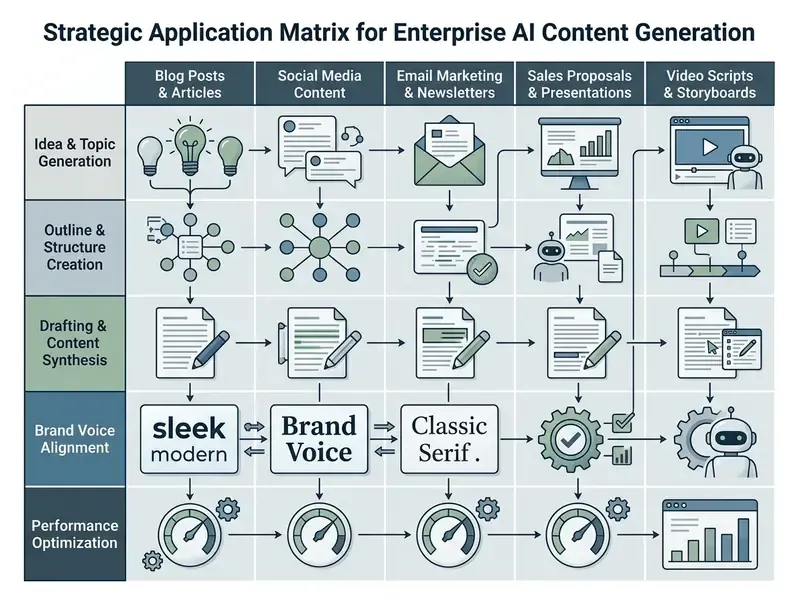 Grid chart mapping content creation stages against various enterprise output formats and brand voice tasks