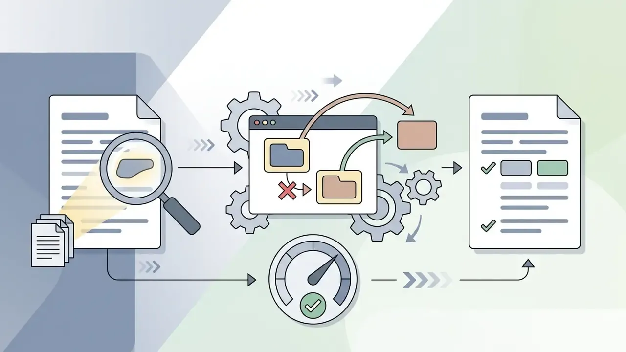 Magnifying glass scanning a document to update and replace text content within a Pictory AI workflow