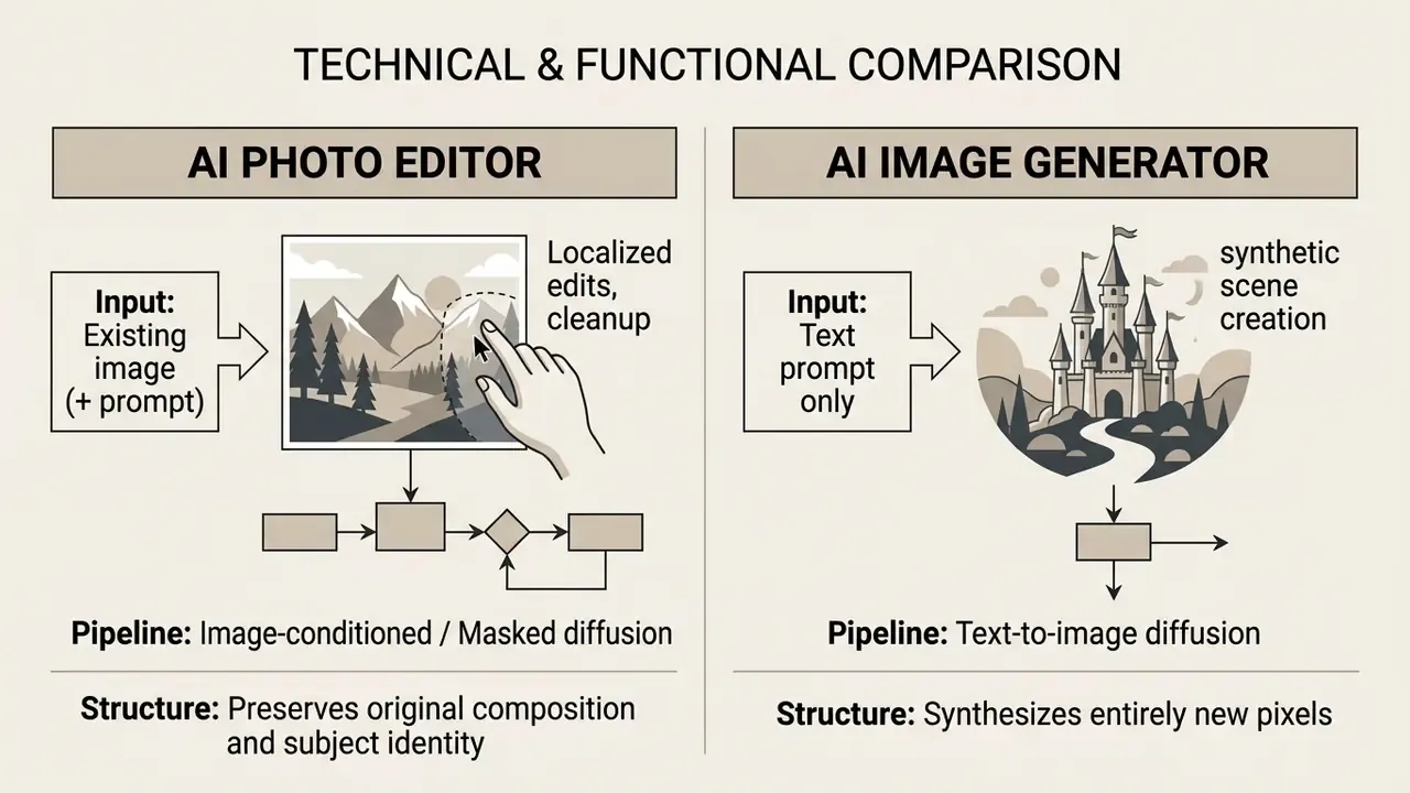 Comparison chart detailing the functional differences between AI photo editors and AI image generators