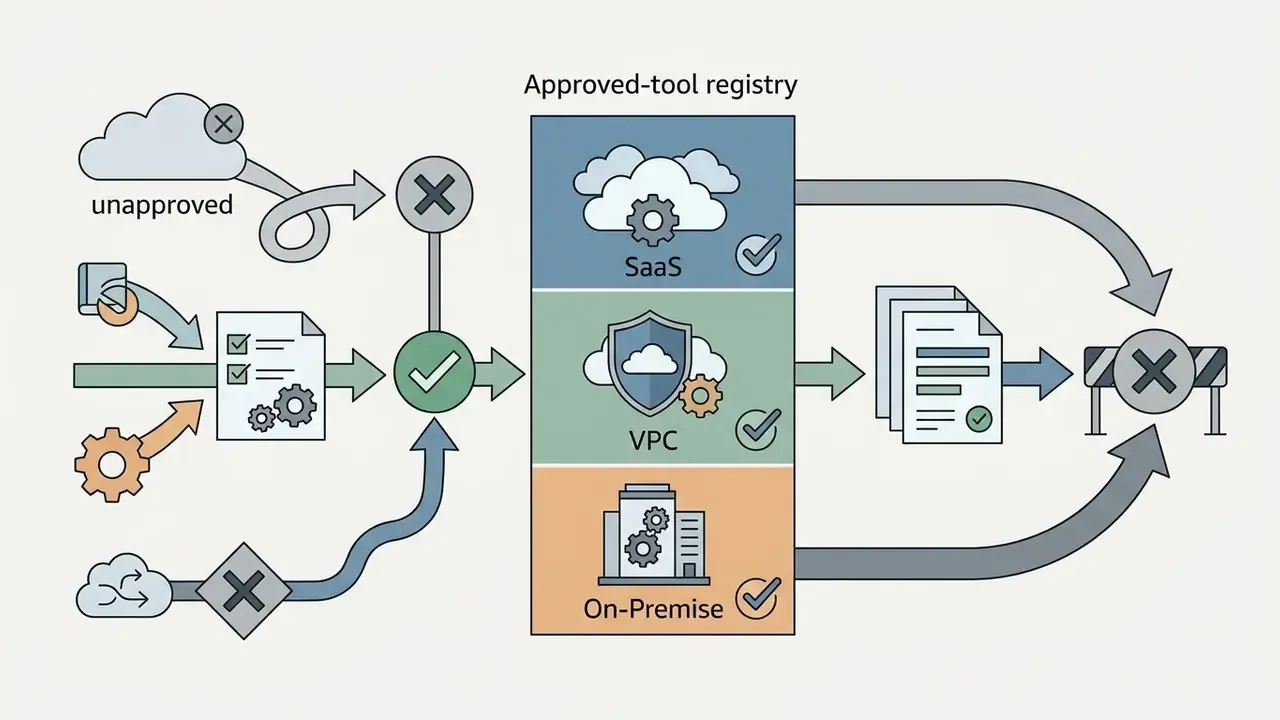 Diagram showing the filtering of software tools through an approved registry for secure deployment