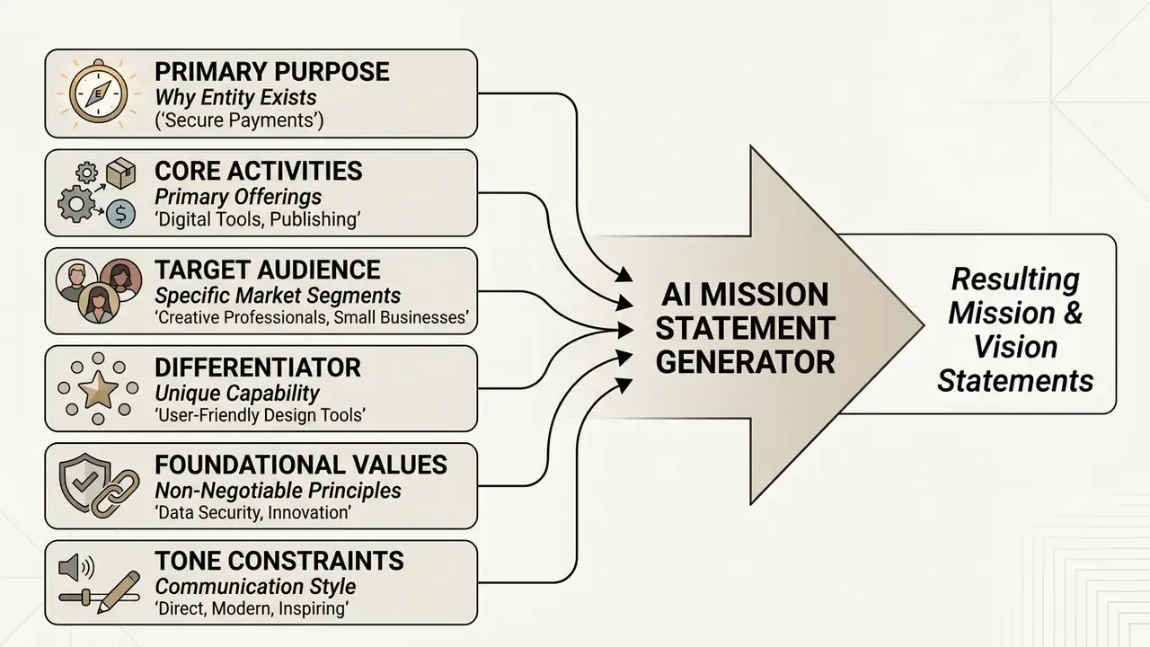 Six input categories feeding into a central processor to produce business mission and vision statements