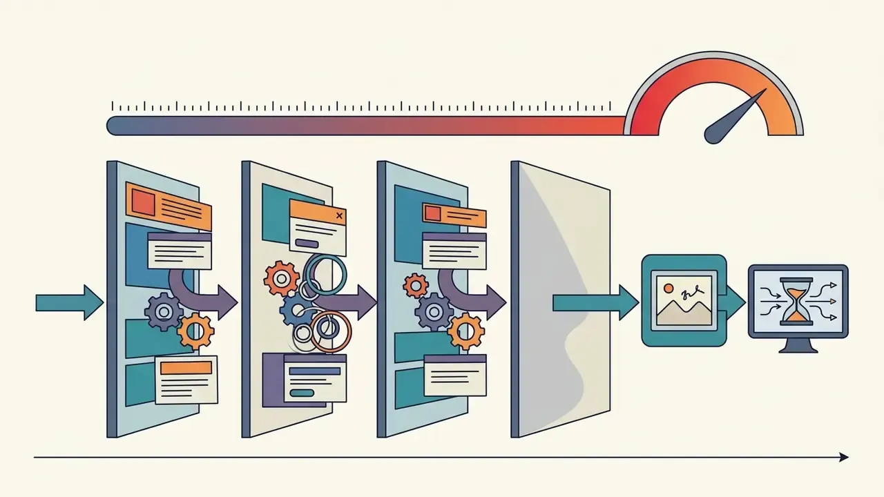 Series of web pages with gears and loading icons moving toward a monitor showing an hourglass