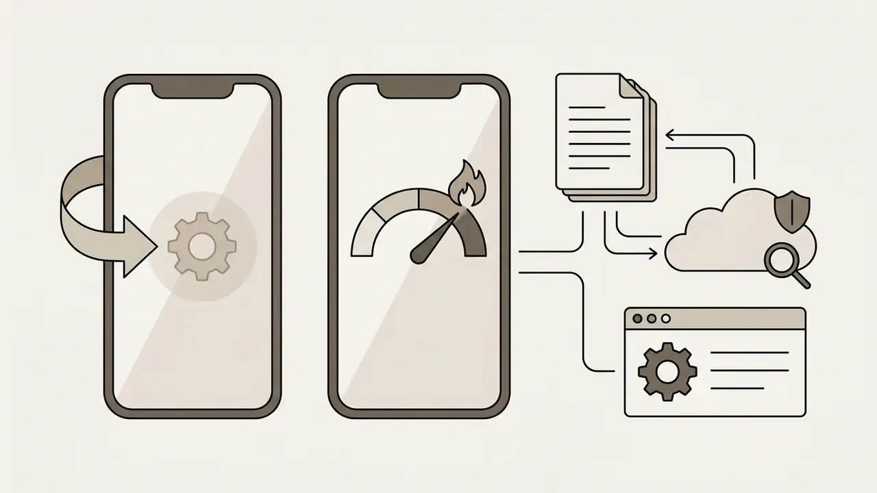 Two mobile screens showing gear settings and a heat gauge connecting to cloud storage and data documents