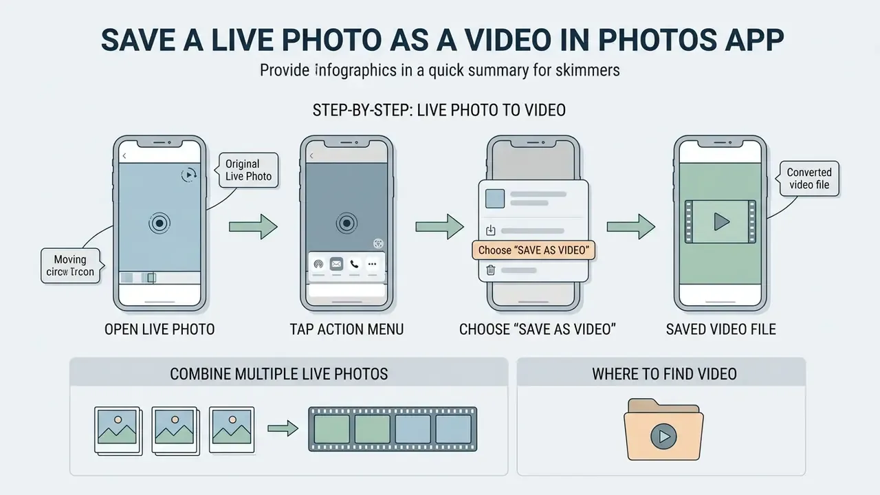 Flowchart showing the steps to save a Live Photo as a video on an iPhone using the share menu