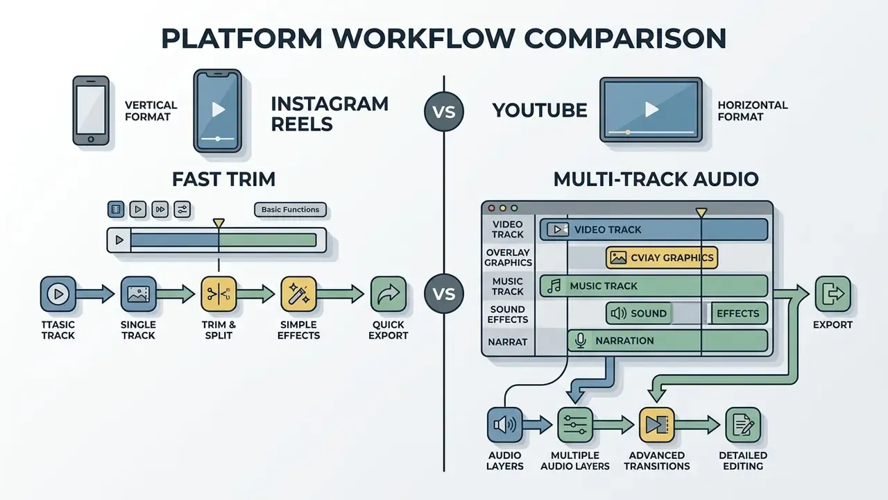 Diagram contrasting the simple vertical editing workflow of Instagram Reels with complex YouTube tools