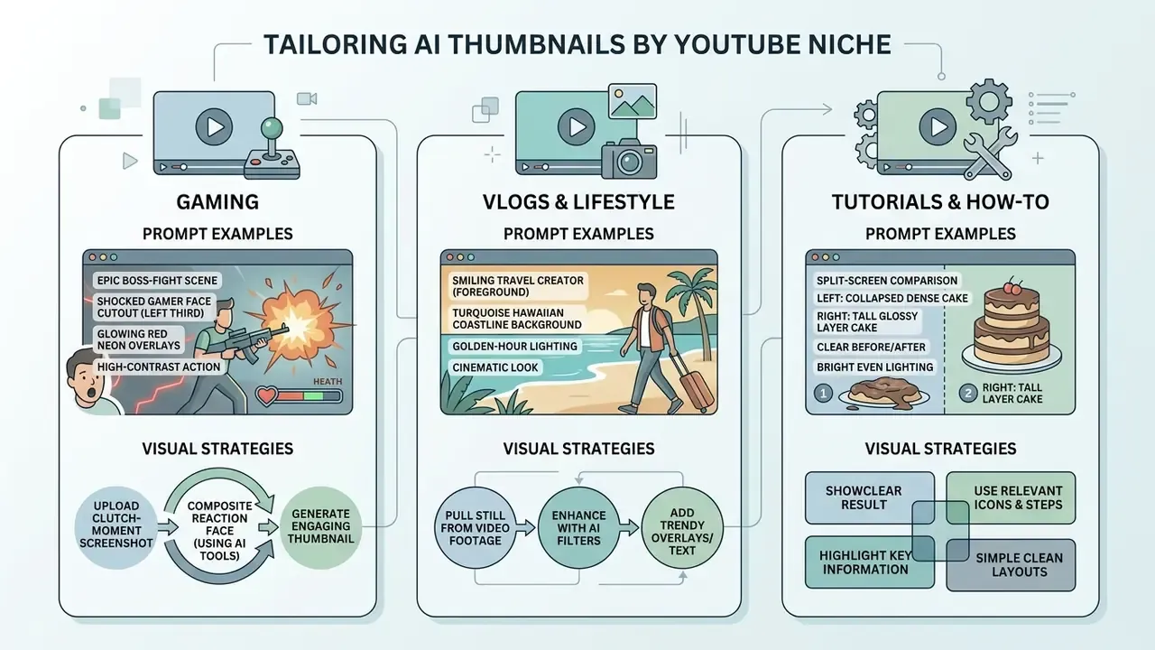 Three vertical panels showing prompt examples and visual strategies for gaming, vlogs, and tutorials