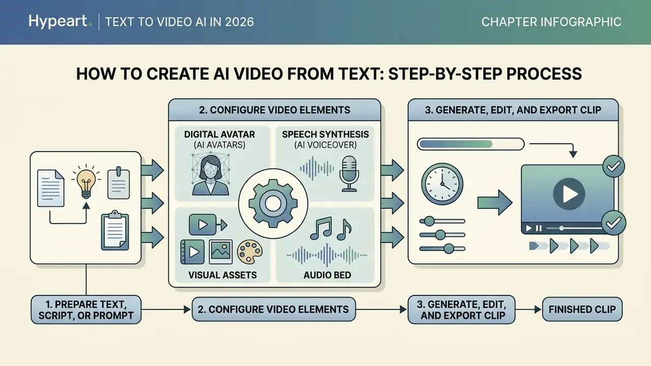 Three-stage workflow showing prompt preparation, configuration of digital elements, and final video export