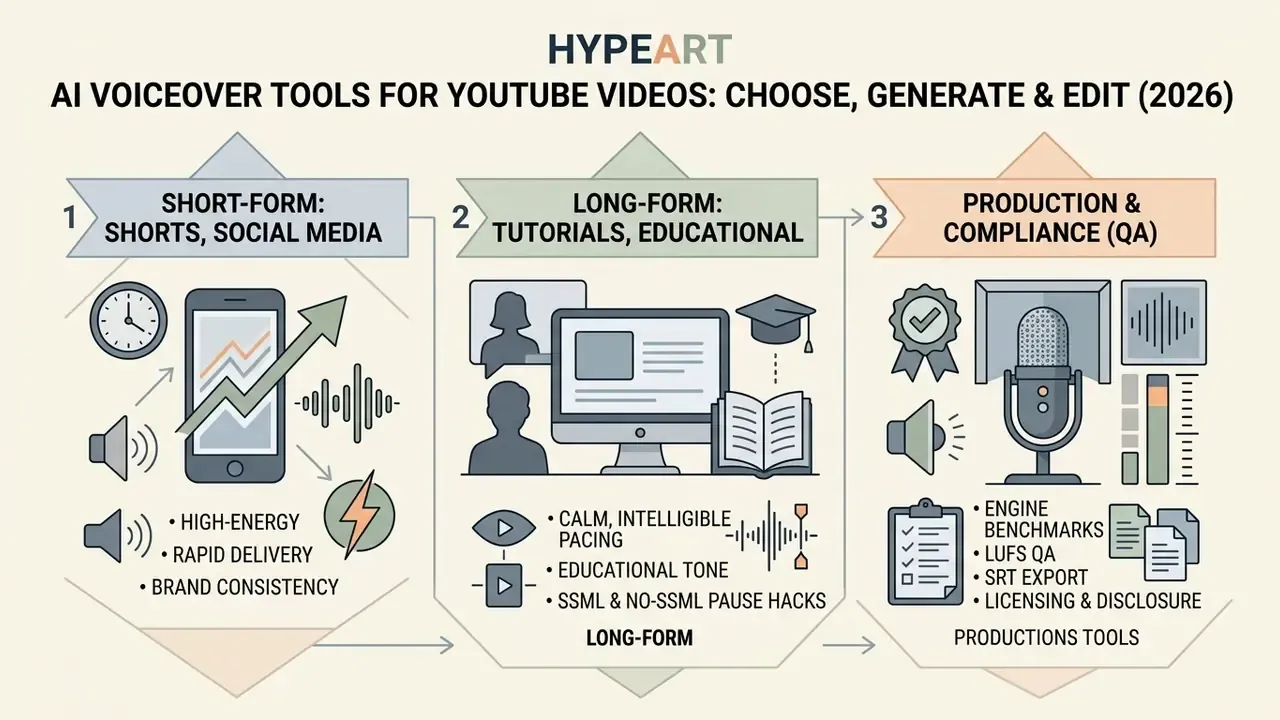 Infographic showing three stages of AI voiceover production for short-form, long-form, and compliance tasks