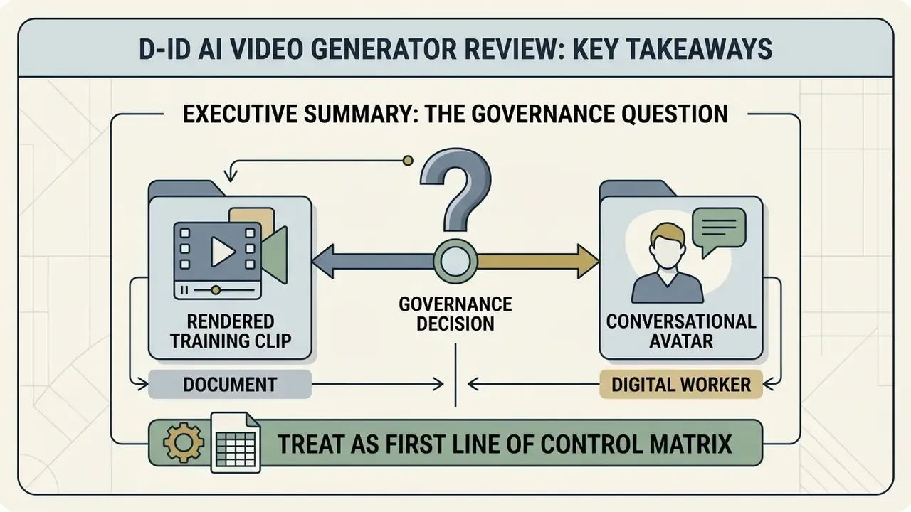 Flowchart showing a governance decision between a rendered training clip document and a conversational avatar