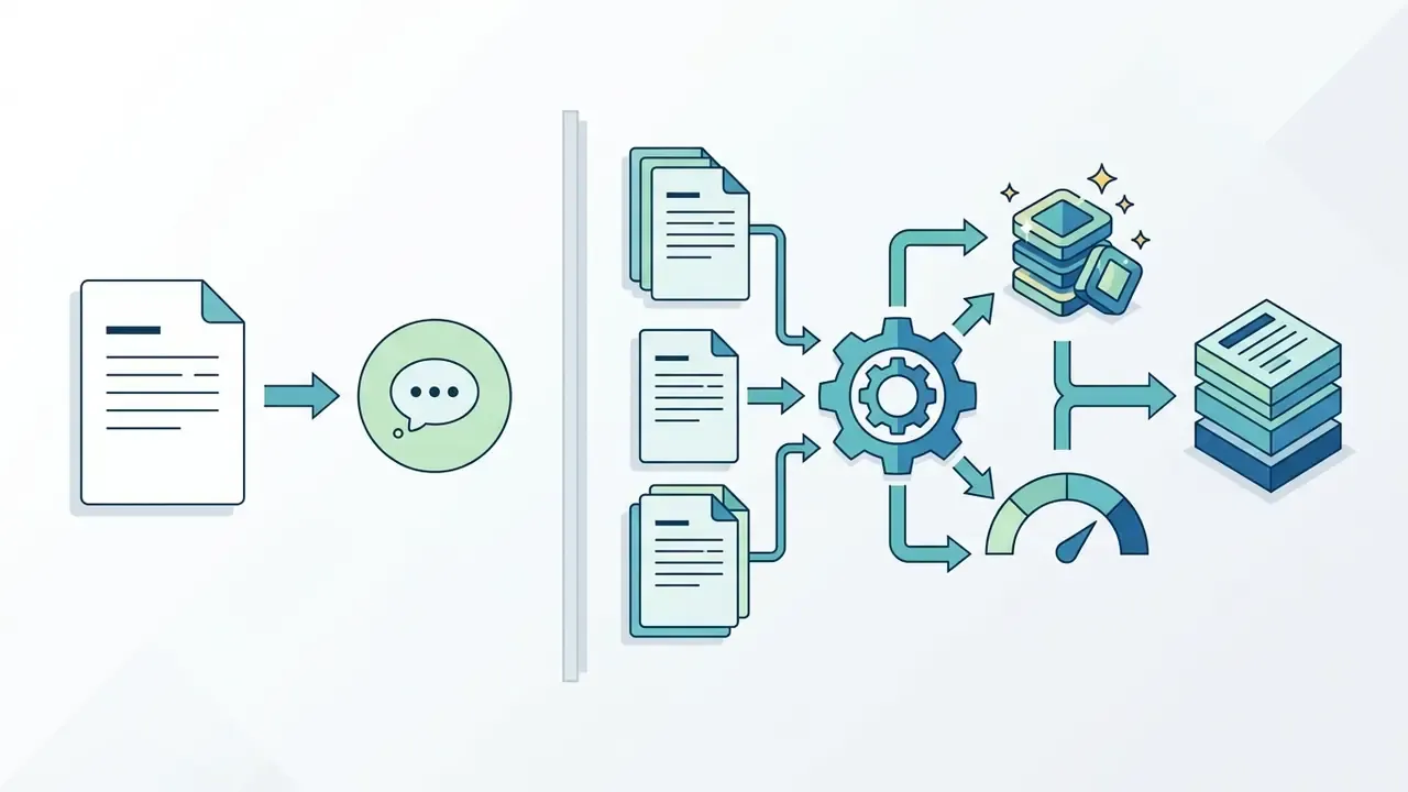 Single document leading to a speech bubble and a multi-file gear processor with data and gauge icons