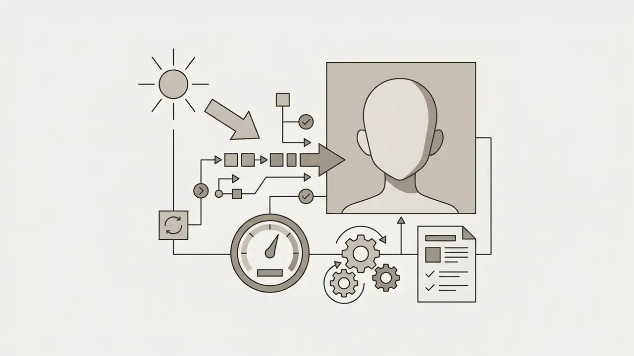Sun icon and technical gauges connected to a blank avatar silhouette and a document checklist
