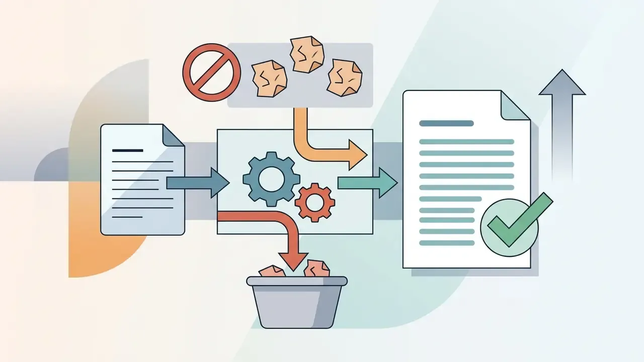 Document feeding into a gear system that filters out crumpled papers to produce a refined final text