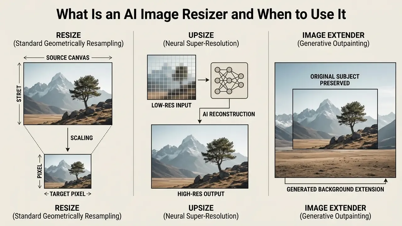 Three-panel diagram comparing geometric resizing, neural upscaling, and generative image outpainting