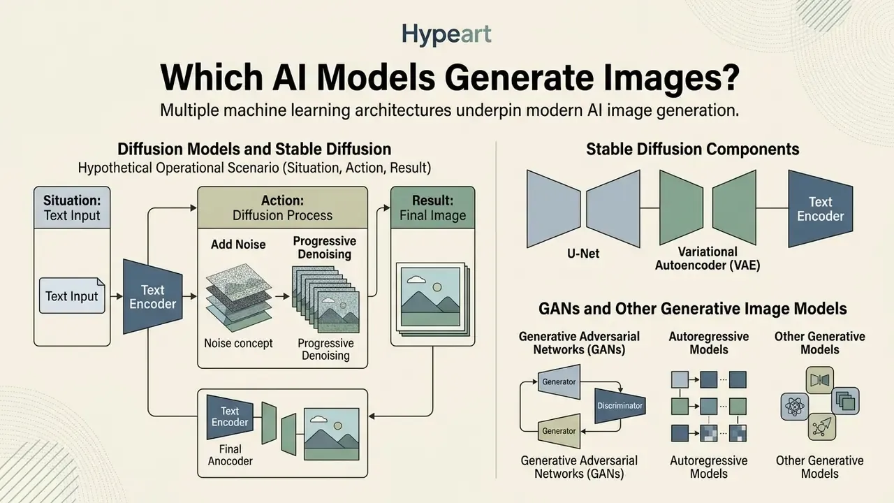 Infographic detailing diffusion models, GANs, and other architectures used for AI image generation