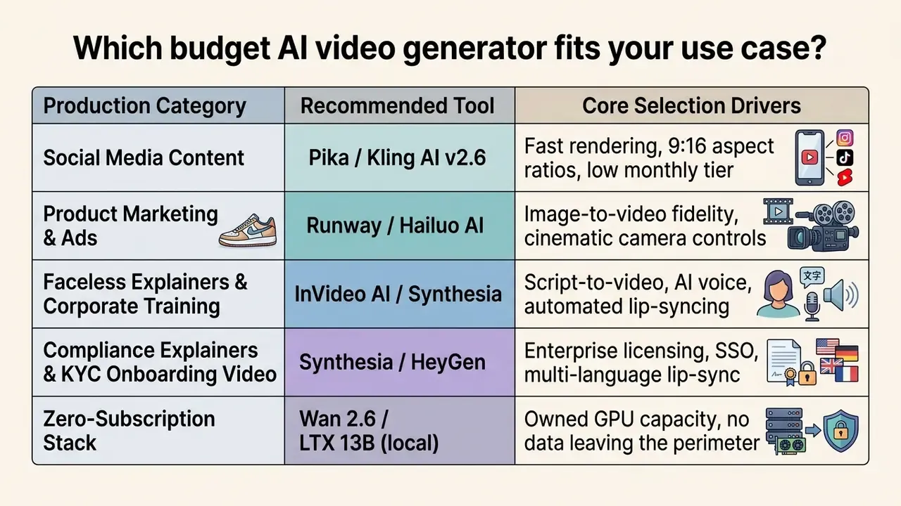 Comparison table mapping production categories to recommended AI video tools and key selection drivers