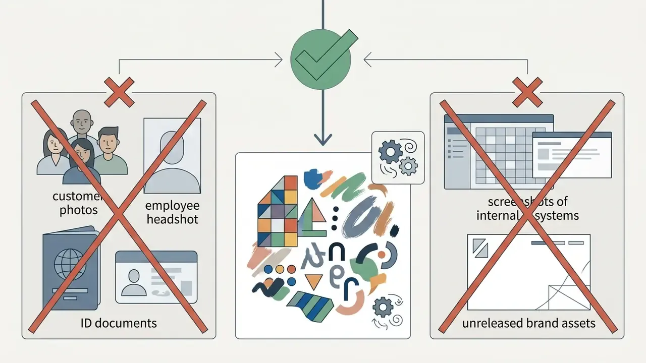 Visual guide showing prohibited real-world images versus permitted synthetic abstract graphics