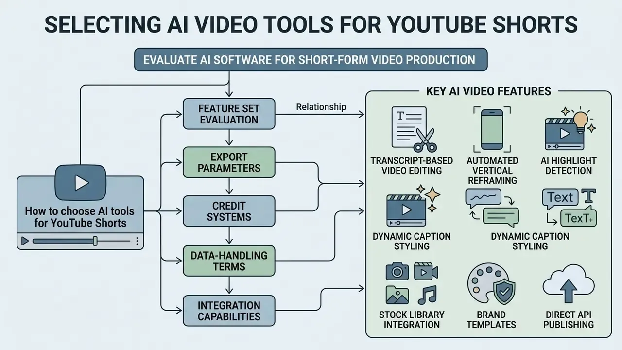 Flowchart comparing software evaluation criteria with a list of essential features for video production