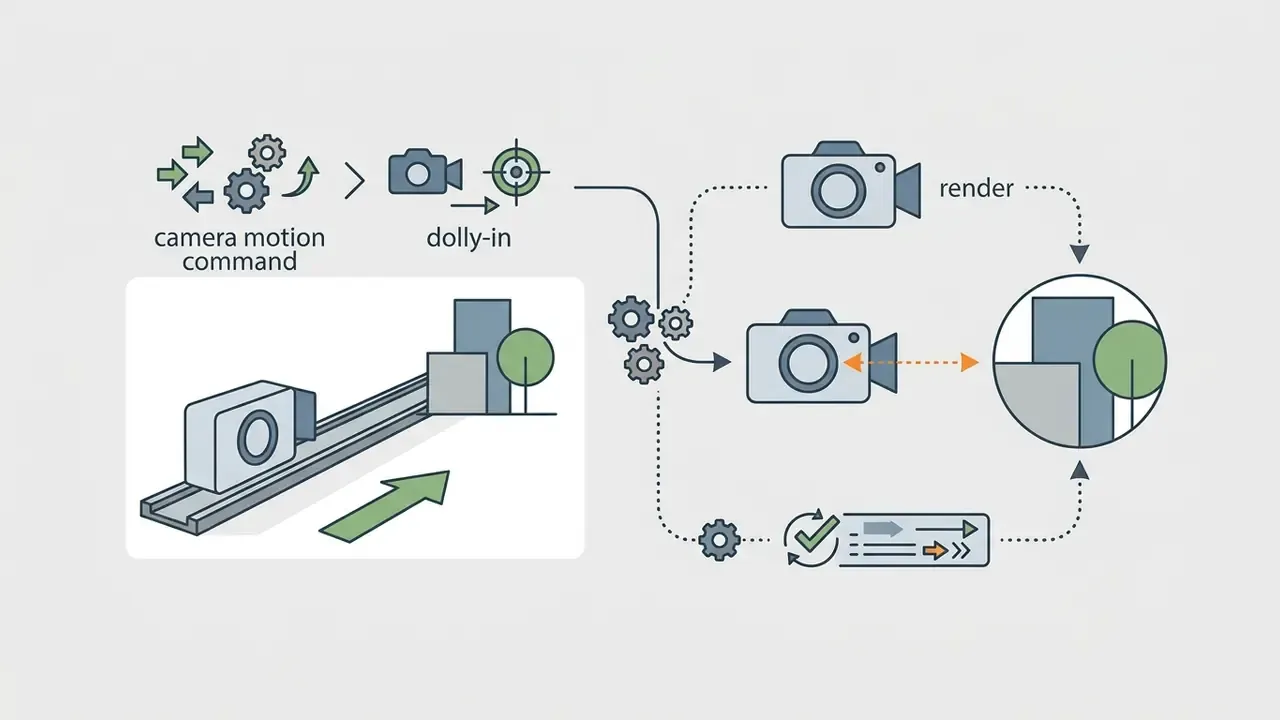 Workflow showing a dolly-in camera command being processed into a rendered video sequence