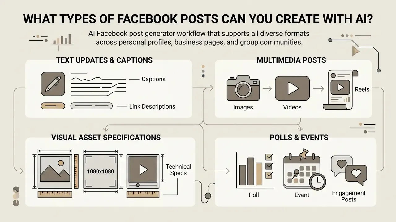 Infographic categorizing AI-generated content types including text, multimedia, visual specs, and engagement