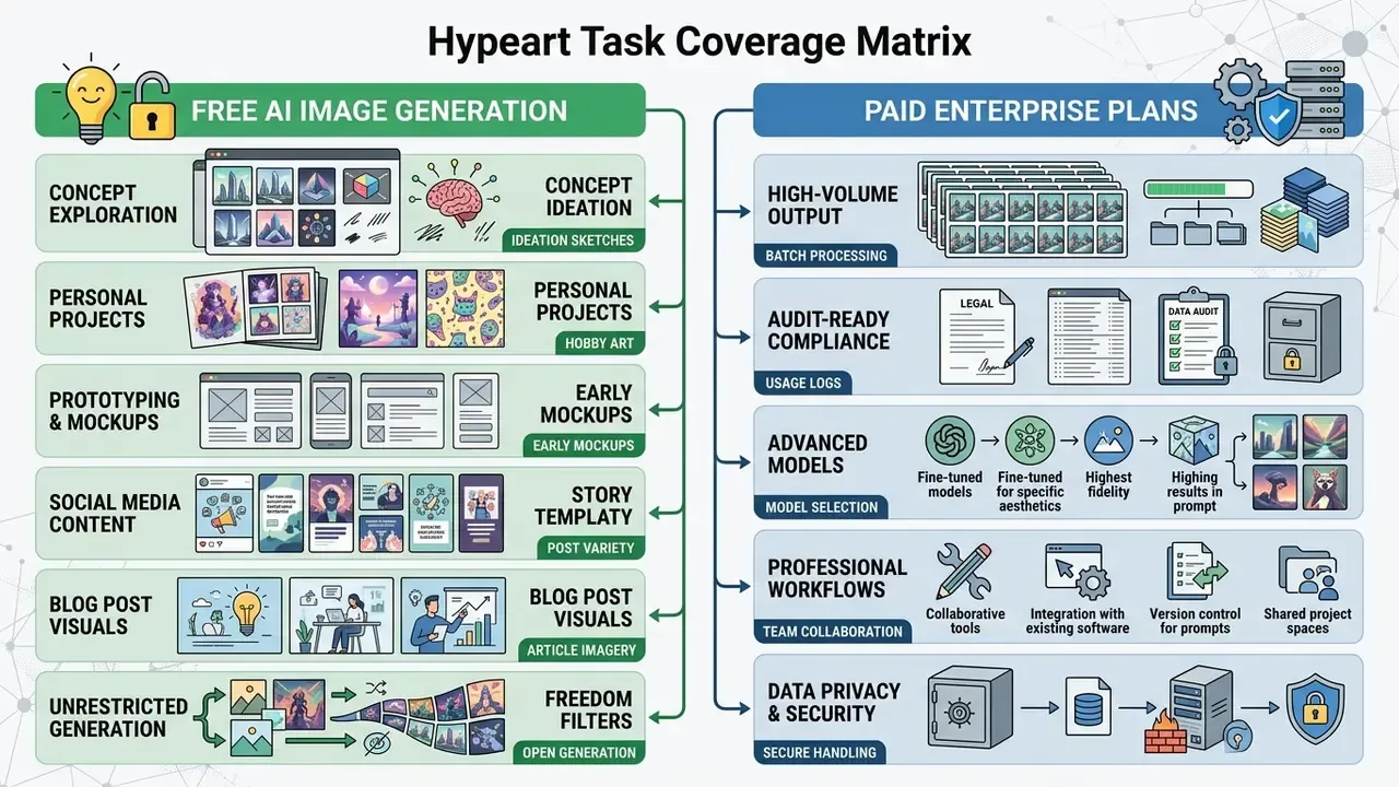 Matrix showing task categories for free versus paid enterprise image generation plans