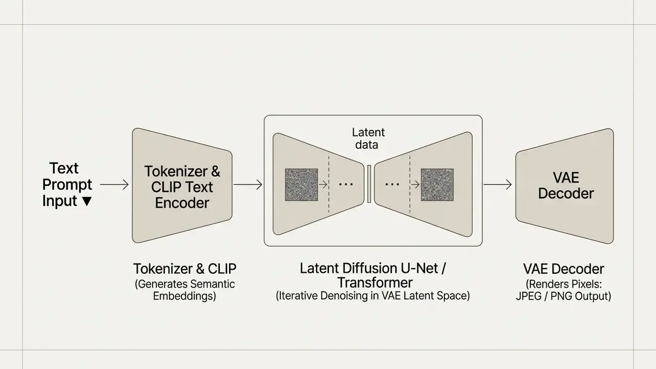 Flowchart showing text prompt input processing through CLIP encoder, latent diffusion, and VAE decoder
