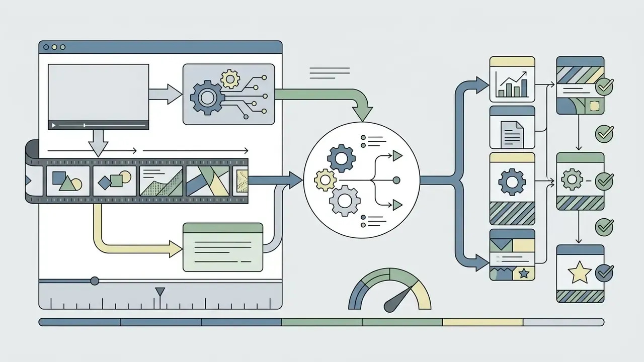 Video frames and metadata moving through a processing engine to organize content into thematic segments