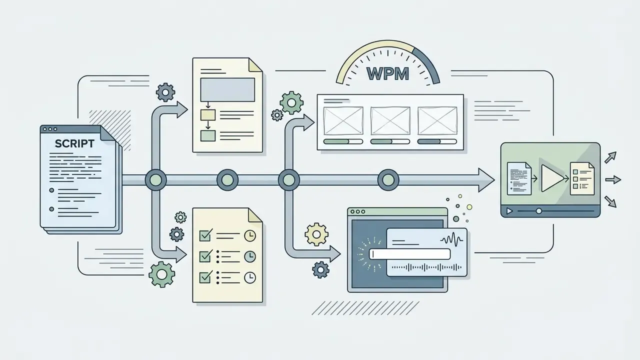 Linear process connecting a script document to storyboard, timing, and AI media generation components