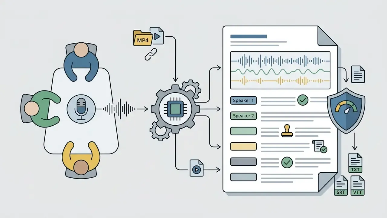 Meeting participants around a microphone feeding audio into a processor that outputs verified text reports