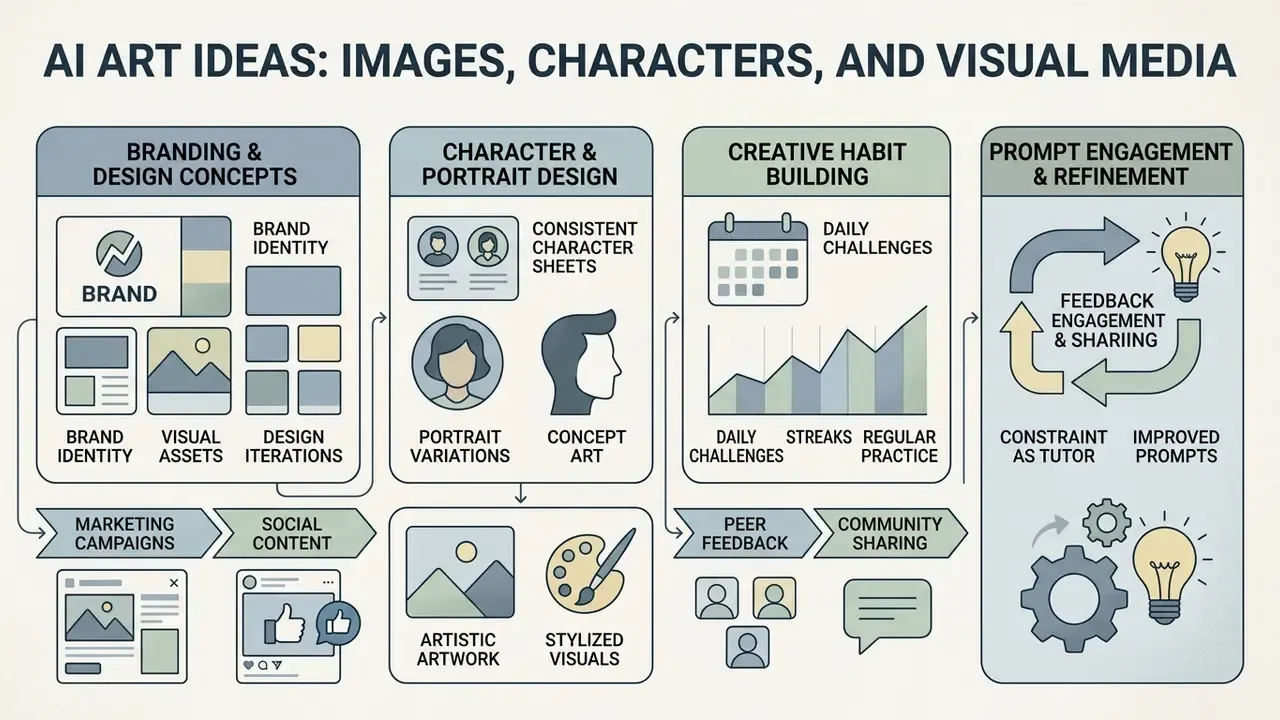 Four-part diagram outlining workflows for branding, character design, creative habits, and prompt refinement