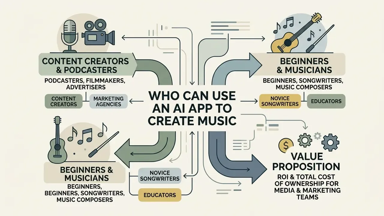 Flowchart connecting content creators, musicians, and marketing teams to various musical software benefits