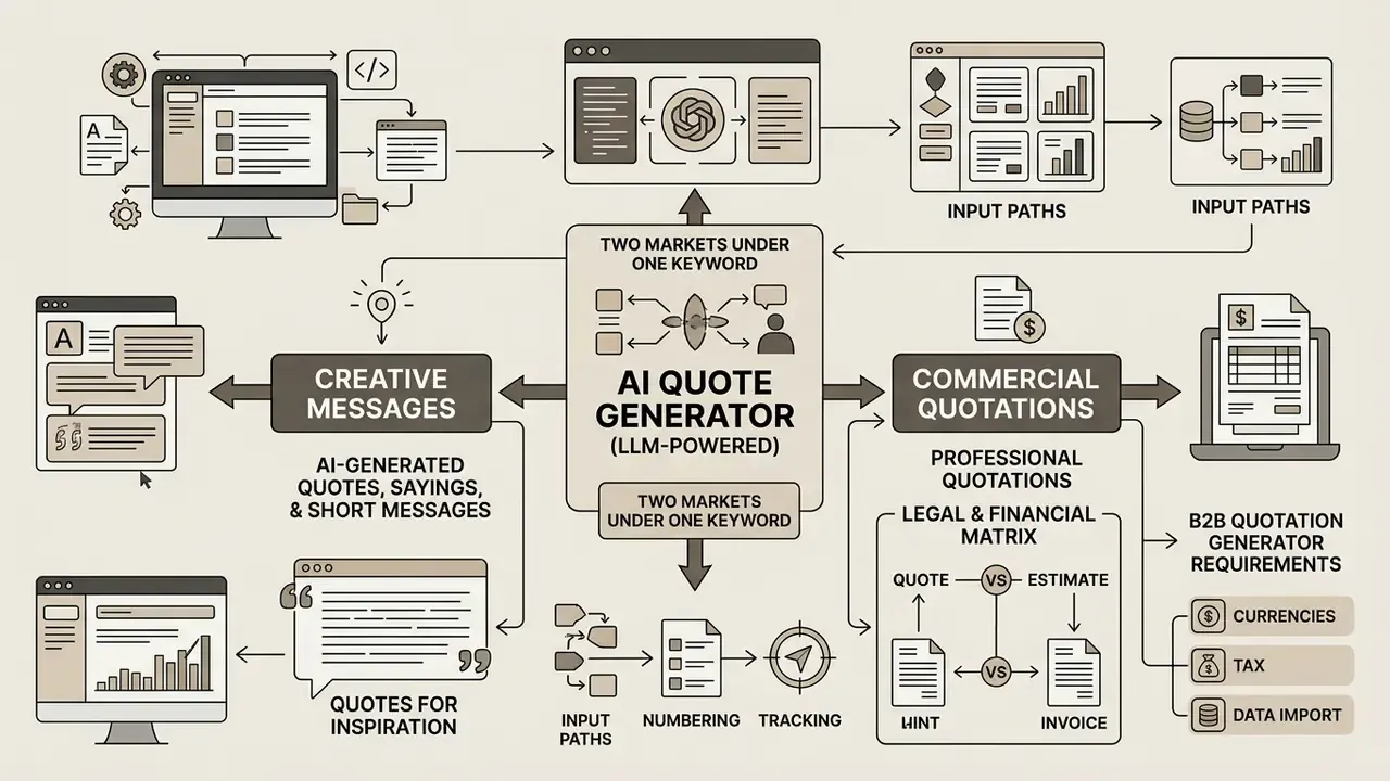 Flowchart showing how an AI quote generator branches into creative messaging and commercial quotations