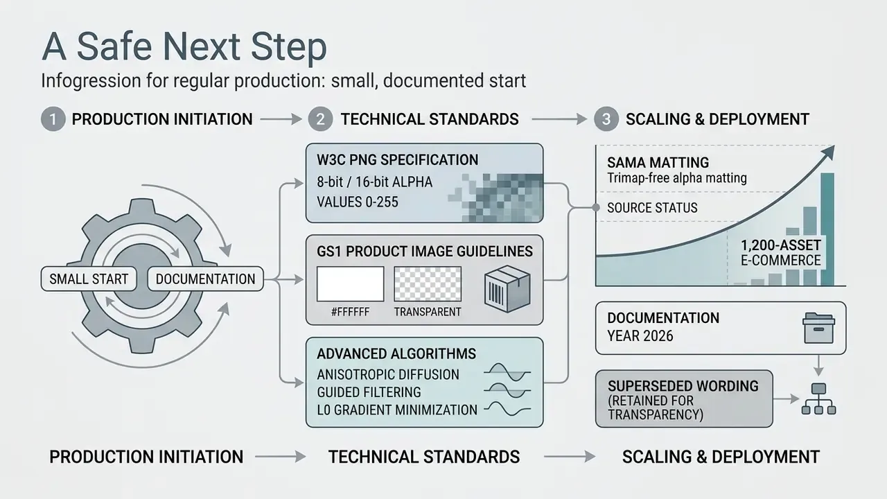 Workflow diagram showing production initiation, technical standards, and scaling for image processing