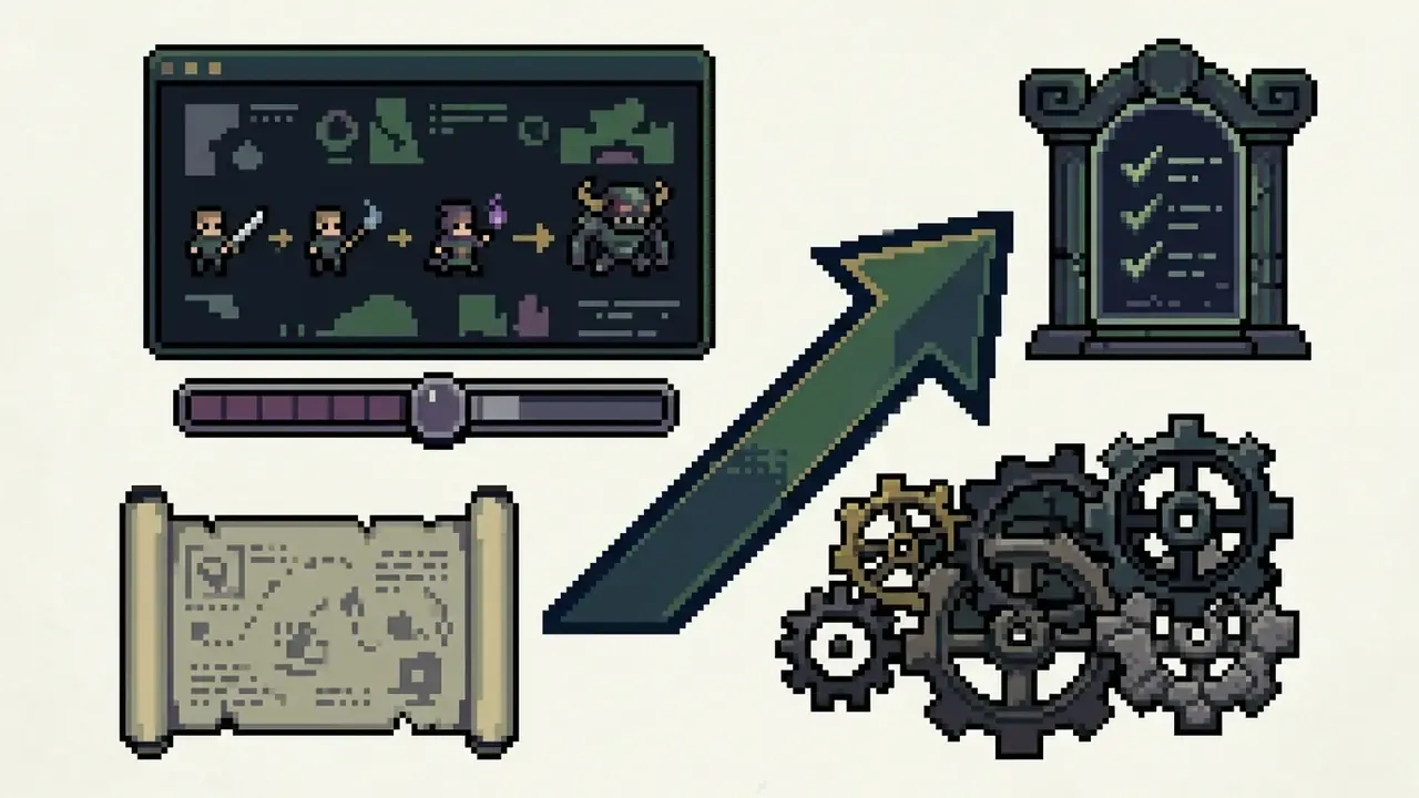Pixel art elements including a character upgrade window, a checklist stone, a map scroll, and dark gears
