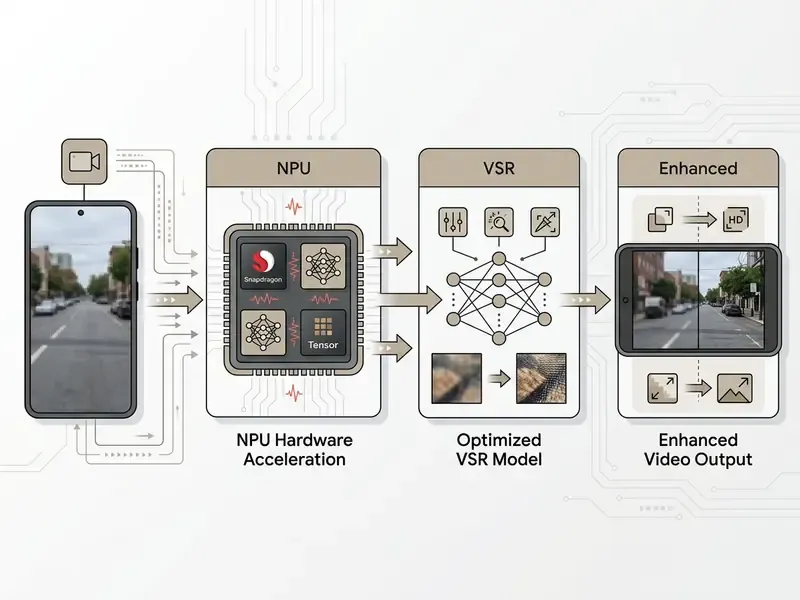 Diagram showing mobile video processing through NPU hardware acceleration and a neural network model