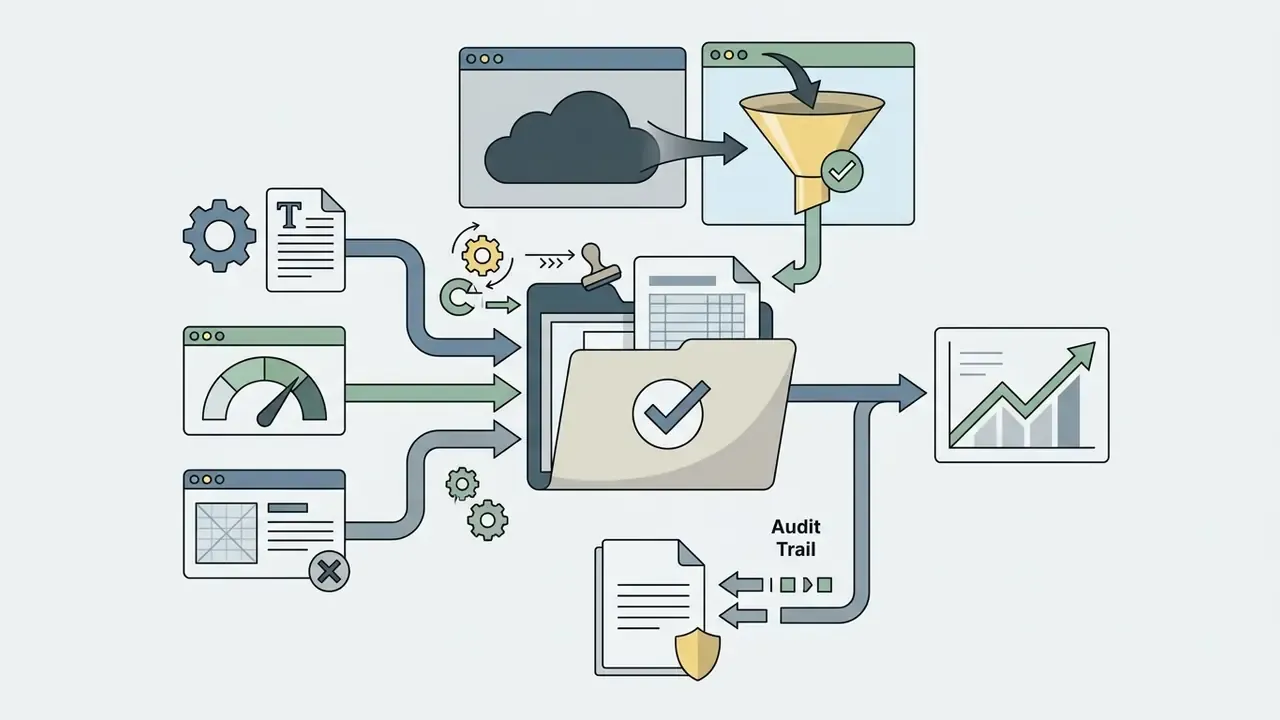 System inputs and data filters converging into a central folder to produce an audit trail and growth report