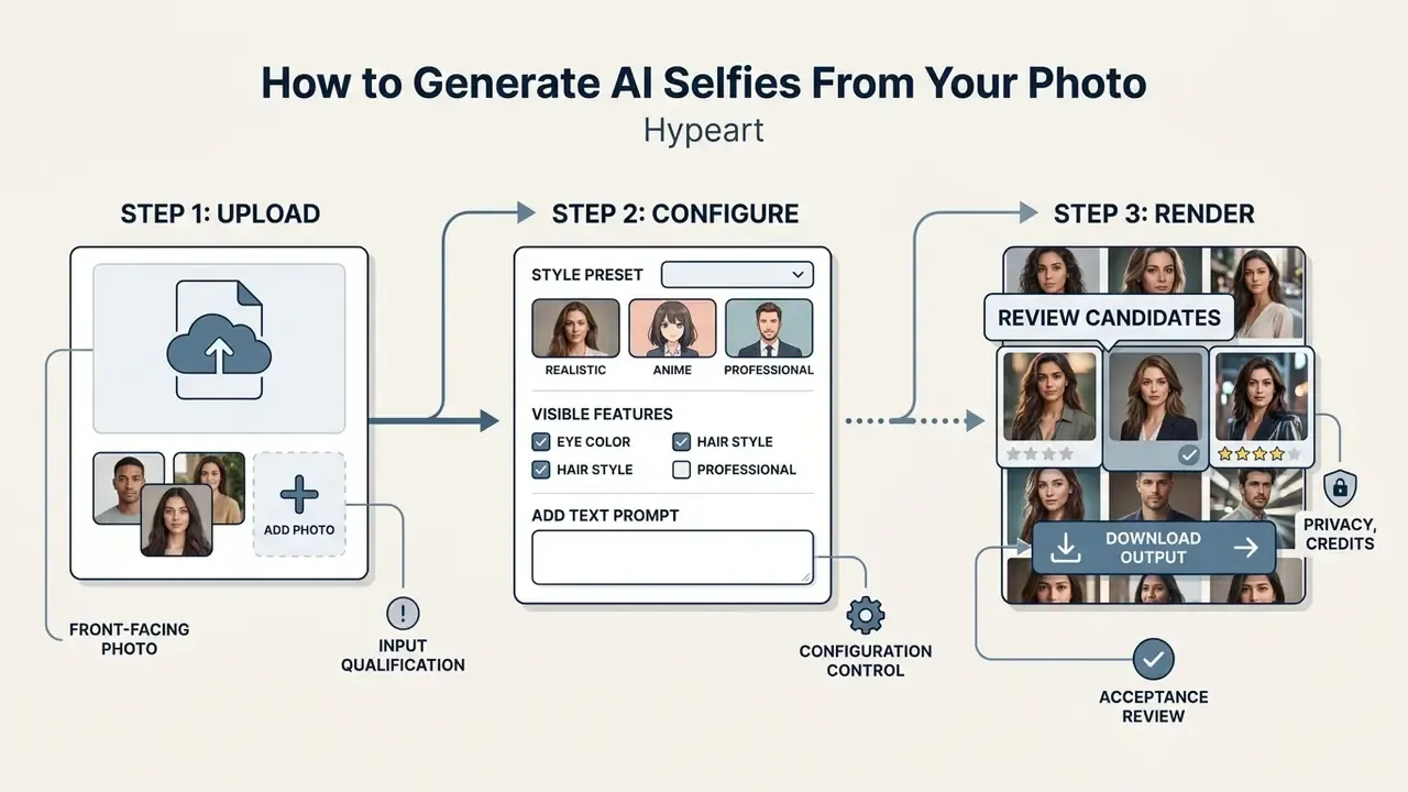 Three step workflow diagram showing photo upload, style configuration, and candidate review for image generation