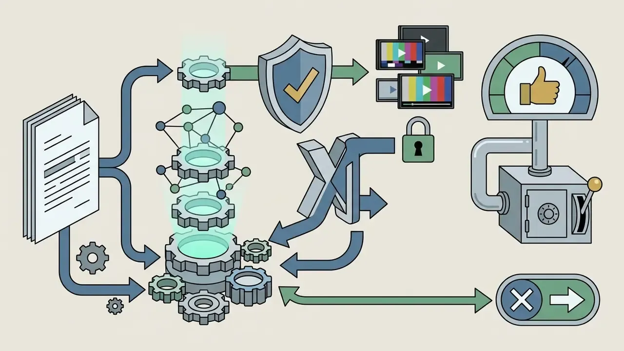 Flowchart of document processing through gears and security shields with a vault and toggle switch