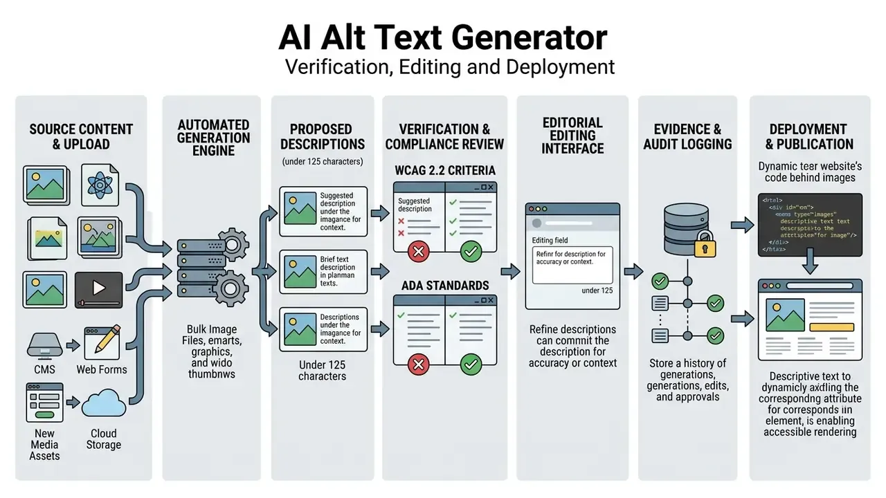 AI alt text generator for images: upload, AI image analysis, generated alt text, human review, CMS publication.