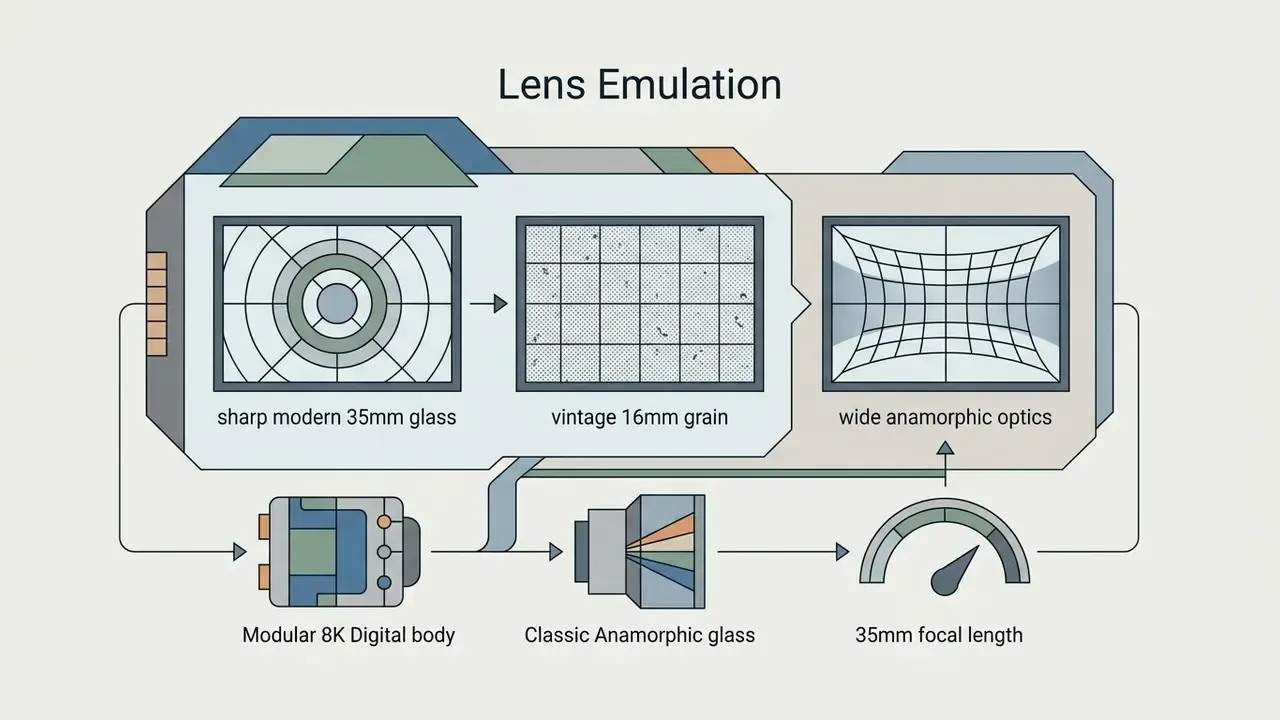 Visual representation of lens emulation settings for AI video creation platforms featuring camera components