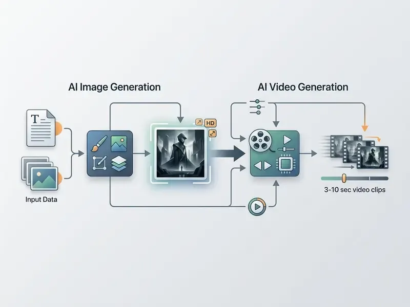 Workflow diagram showing static image creation followed by animation using a DeepAI video generator