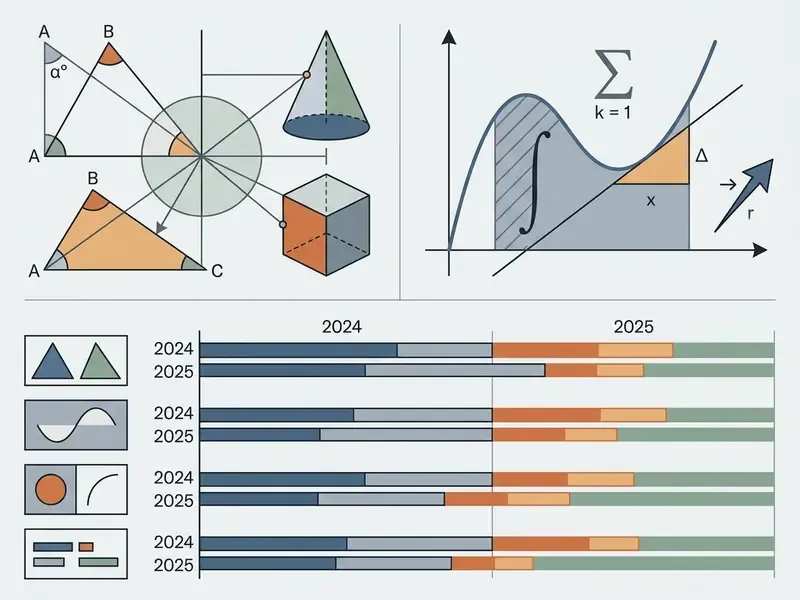 Bar charts comparing AI math solver performance across geometric and calculus tasks for 2024 and 2025