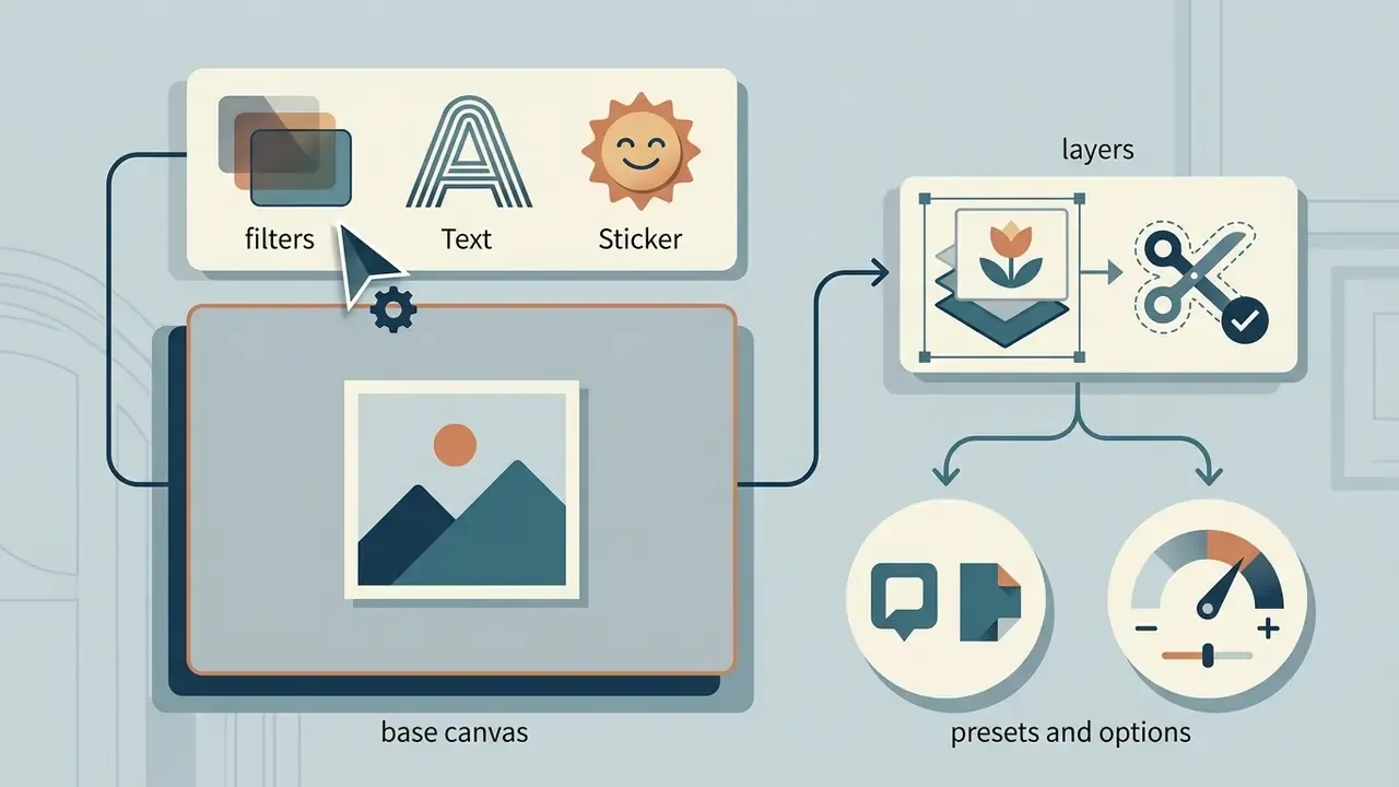 Cursor selecting tools to apply filters, text, and stickers to a canvas before background removal