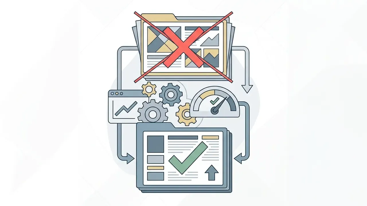 Folders with charts and a speed gauge showing a transition from invalid data to a validated document