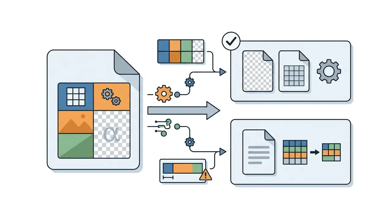 Document icon branching into separate workflows for preserving transparency or compressing image data