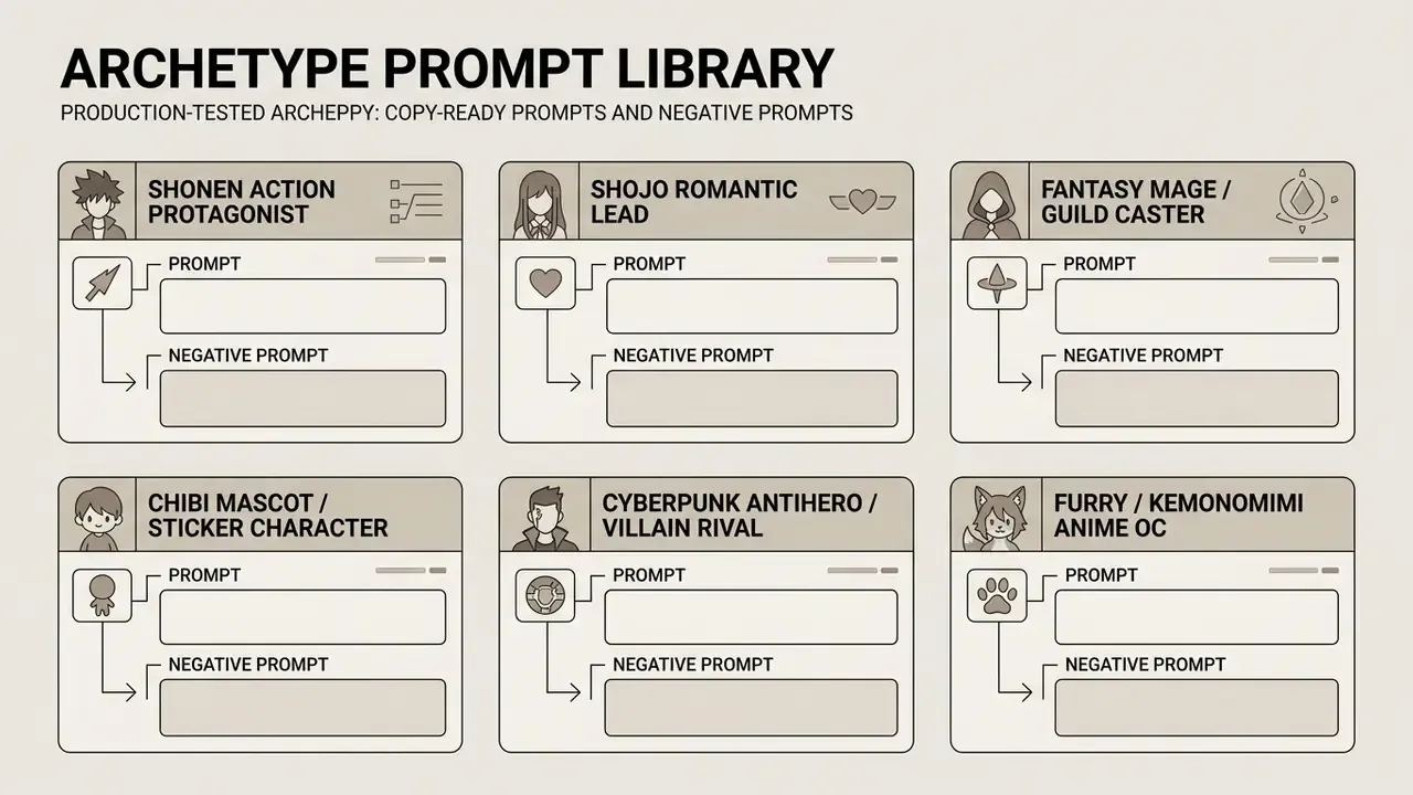 Grid of six cards featuring distinct character archetypes with dedicated fields for prompts and negative prompts