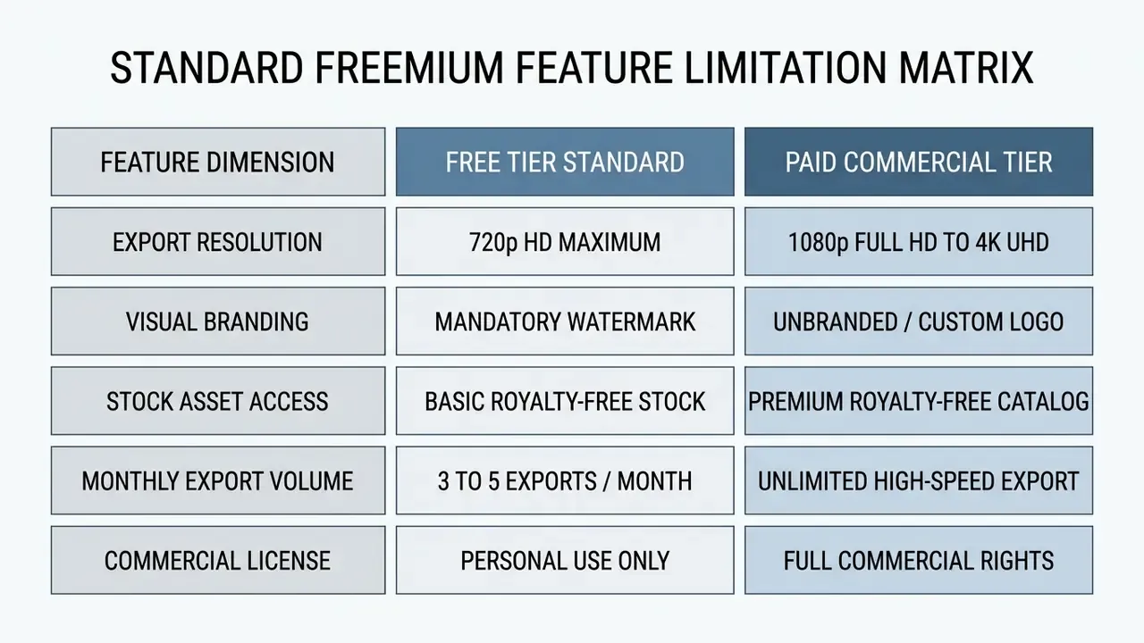 Comparison table contrasting feature limitations between free and paid slideshow video maker tiers