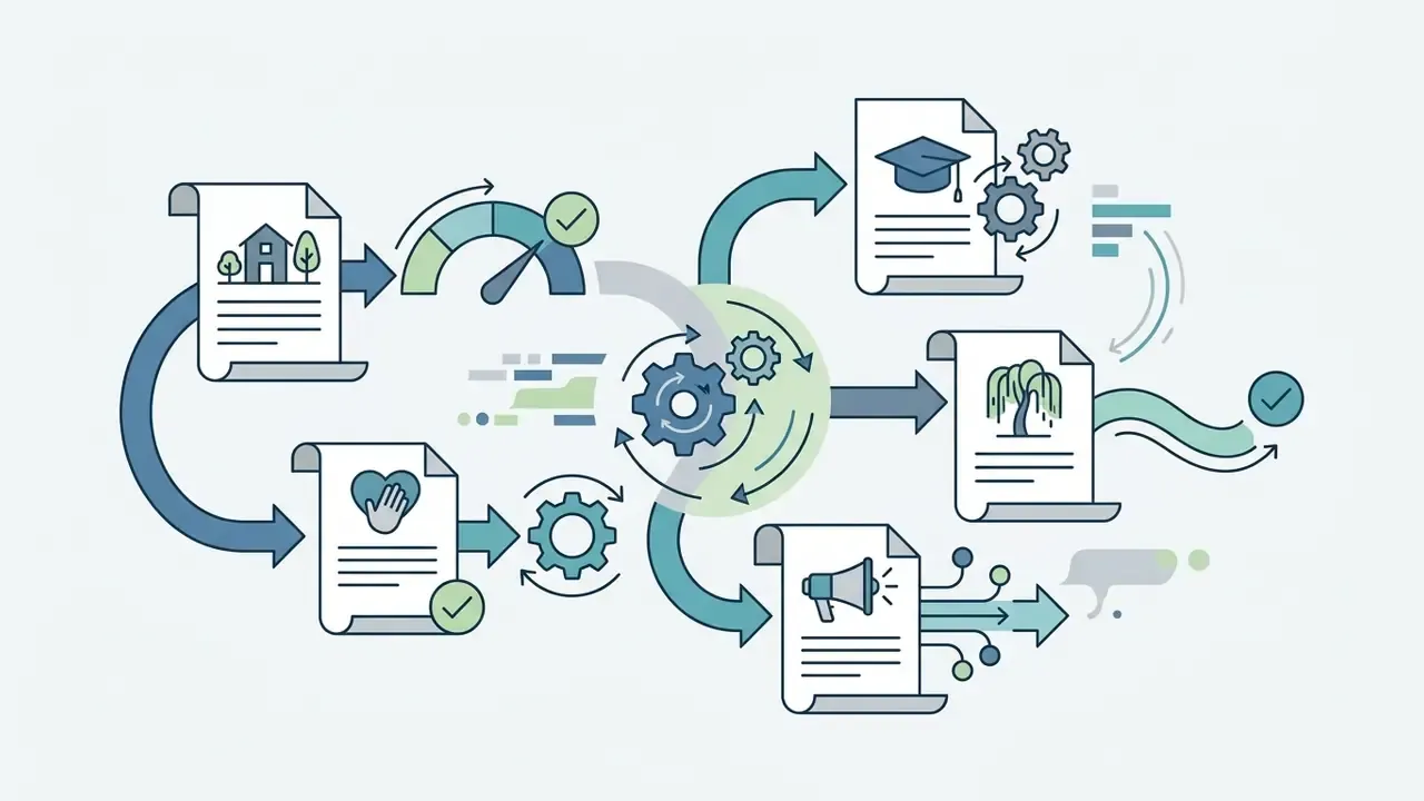 Document icons representing community and personal topics flowing through a central processing gear system