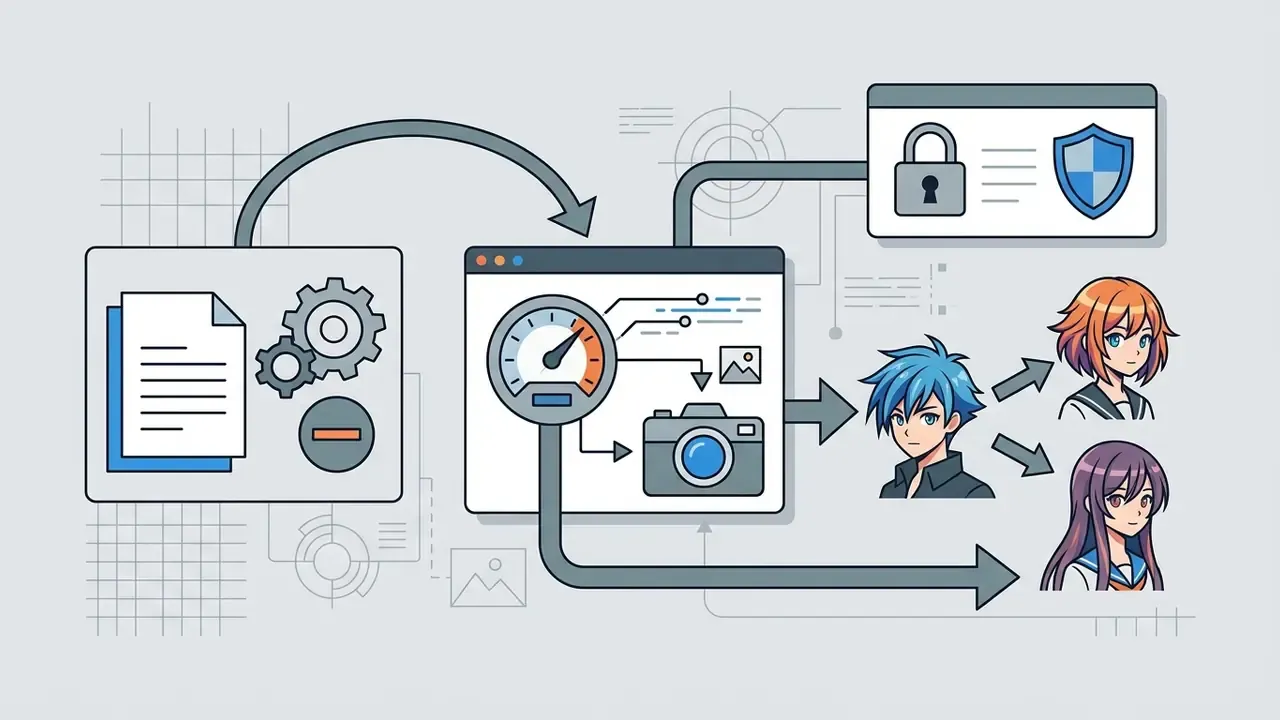 Flowchart showing document processing, style gauge settings, and camera tools generating anime characters